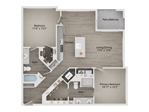 Floor plan for 2 beds, 2 baths, 1130 sqft
